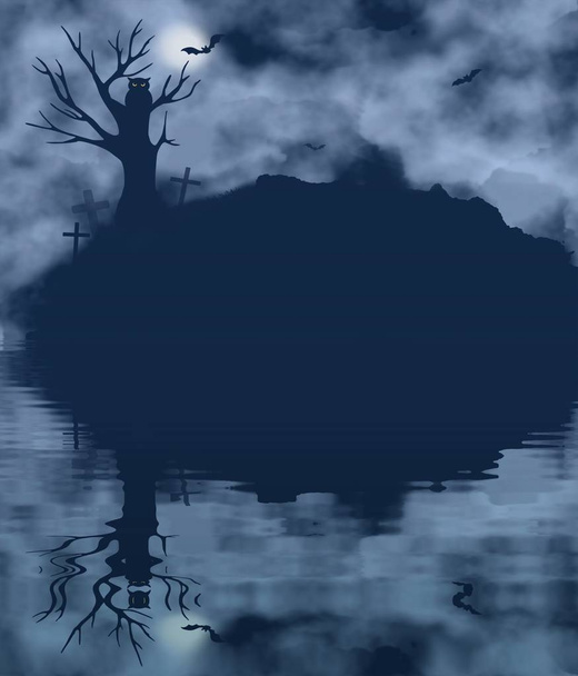 Árvore, morcego, coruja e lua em uma noite nebulosa com reflexo de água
 - Foto, Imagem