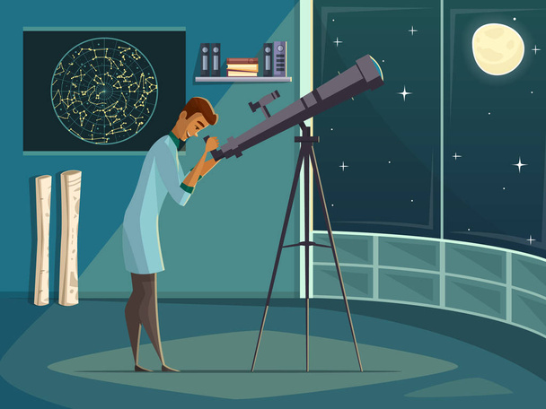 Astronom z plakat Retro kreskówka luneta   - Wektor, obraz