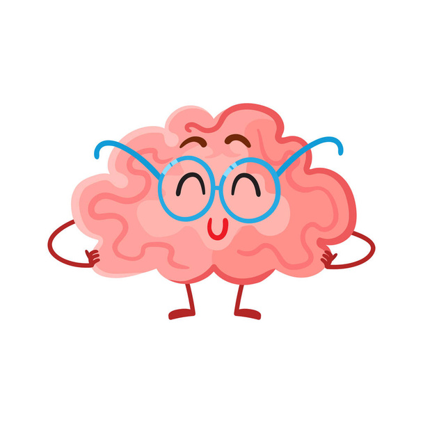 Grappige lachende hersenen in ronde bril, symbool van het onderwijs - Vector, afbeelding