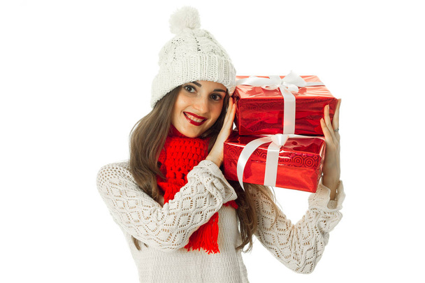 woman in warm sweater and red scarf - Foto, Imagen