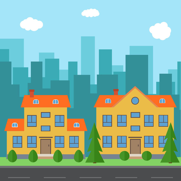 Vector stad met cartoon huizen en gebouwen - Vector, afbeelding