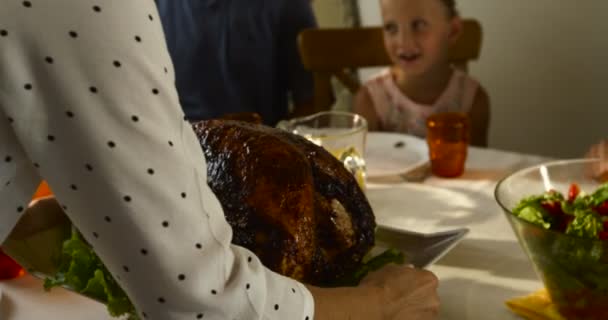 Portrait of pretty woman with roasted turkey on background of happy family - Кадри, відео