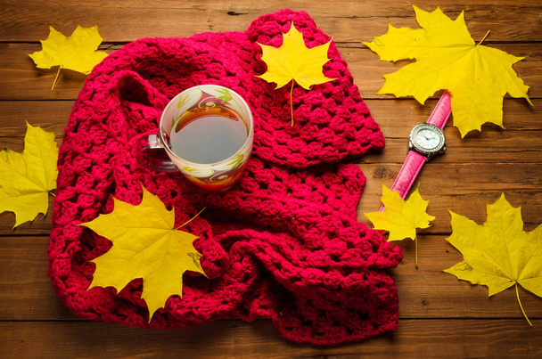Autumn still life: cup of tea, colorful knitted scarf and maple  - Fotoğraf, Görsel