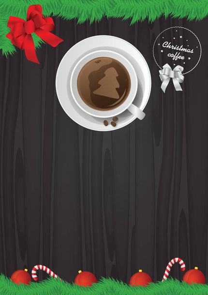 Vektor Weihnachtsillustration - Kaffeetasse mit Christbaumform auf Holztisch - Vektor, Bild