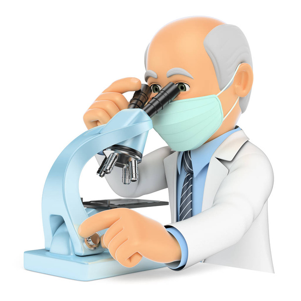 Doctor 3D mirando a través de un microscopio. Investigador
 - Foto, Imagen