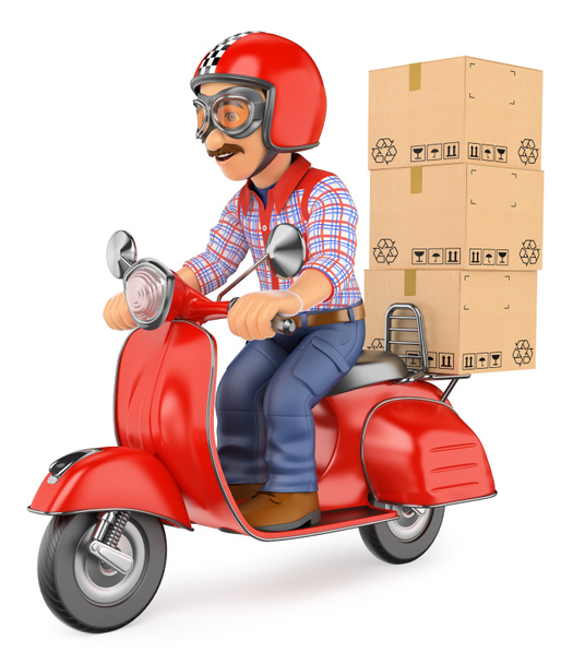 3D άνθρωπος παράδοσης courier παράδοση ενός πακέτου από motorcyc σκούτερ - Φωτογραφία, εικόνα