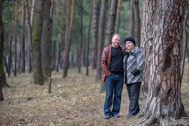 Old couple walking in the forest. Having a good time together. Smiling and talking on autumn or spring - Foto, immagini