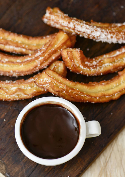churros con chocolate, a typical Spanish sweet snack - Photo, Image