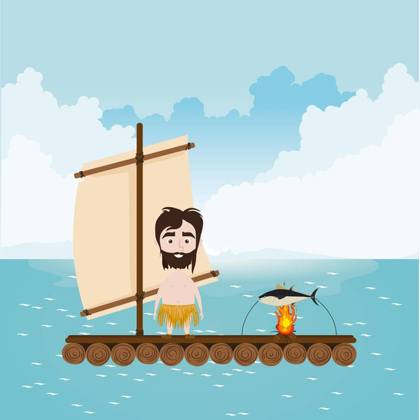 Robinson sails in open ocean on the raft cooking fish - Vektör, Görsel