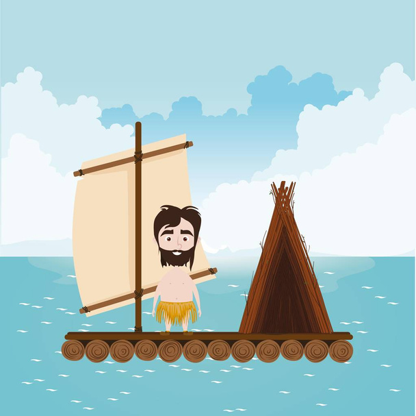 Robinson sails in open ocean on the raft with hut - Вектор, зображення