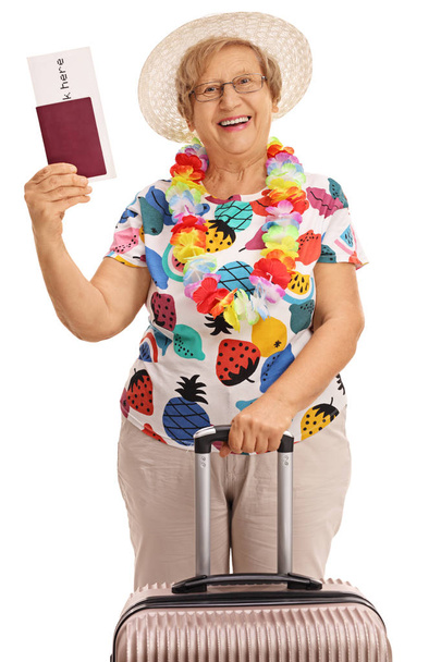Elderly tourist holding a passport and a suitcase - Fotografie, Obrázek