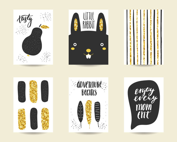 Bonitas tarjetas de cumpleaños doodle negro y oro
 - Vector, Imagen