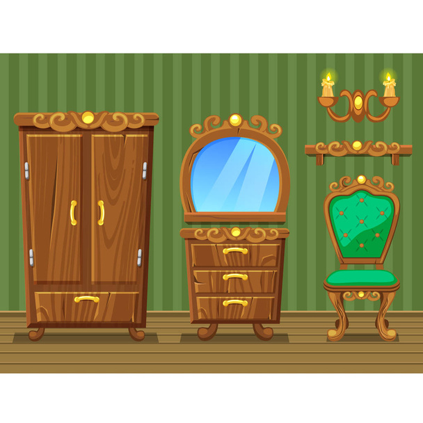 Set cartoon funny wooden retro furniture - Vettoriali, immagini
