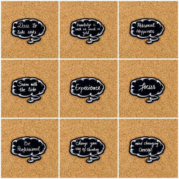 Фотоколаж різних слів, написаних на чорній мисленні бульбашки
 - Фото, зображення