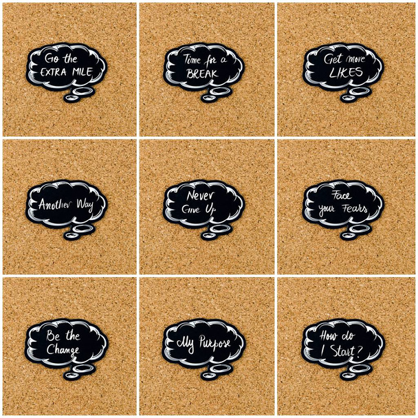 Collage photo de différents mots écrits sur bulle de pensée noire
 - Photo, image