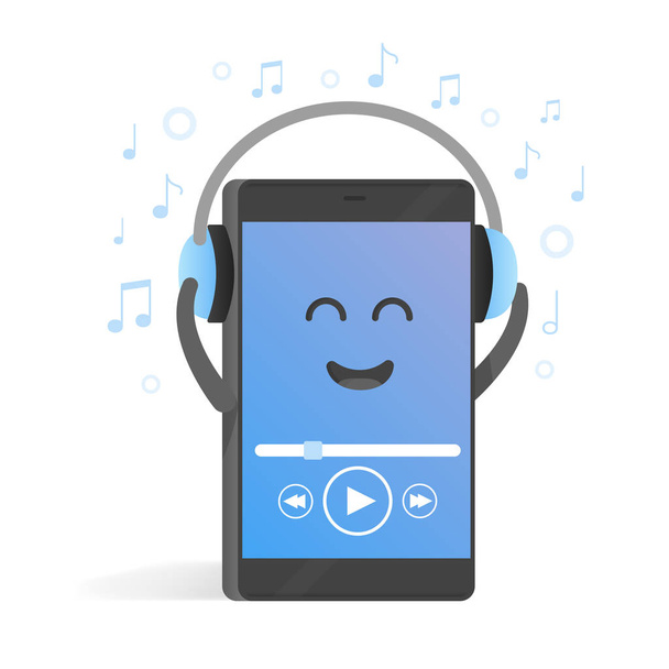 Concepto de teléfono inteligente de escuchar música en los auriculares. Antecedentes de notas. Lindo teléfono personaje de dibujos animados con manos, ojos y sonrisa
 - Vector, imagen