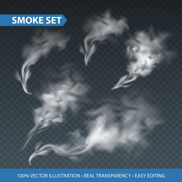 Delicadas olas de humo de cigarrillo blanco sobre fondo transparente. Ilustración vectorial - Vector, Imagen