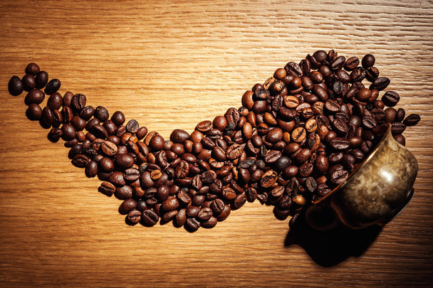 coffee, coffee beans, roasted coffee, roasted coffee beans, coffee beans isolated on Wooden background, coffee beans close up, coffee beans cut out, coffee beans, coffee beans in cup - Photo, Image