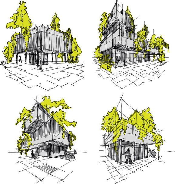 four sketches of abstract modern architecture with green and trees - Vector, Image