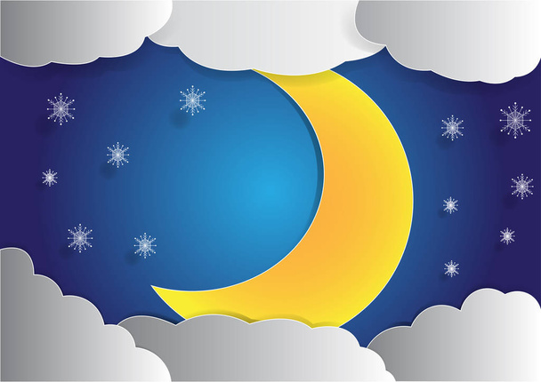 big moon and cloud background in the night sky, christmas background, vector, copy space for text, illustration, paper art and origami - Vector, Image