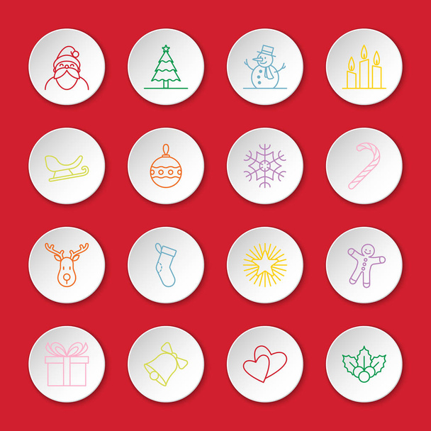 クリスマスと新年のアイコン設定ベクトル イラスト - 白い丸ボタンにカラフルなアウトライン - ベクター画像