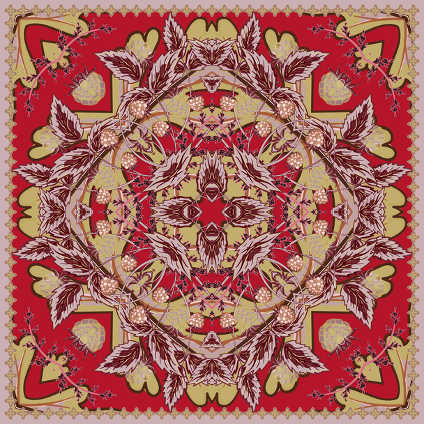 Τετράγωνο διακοσμητικό μοτίβο με φράουλα και φύλλα. Φουλάρι με φόντο. Διάνυσμα - Διάνυσμα, εικόνα