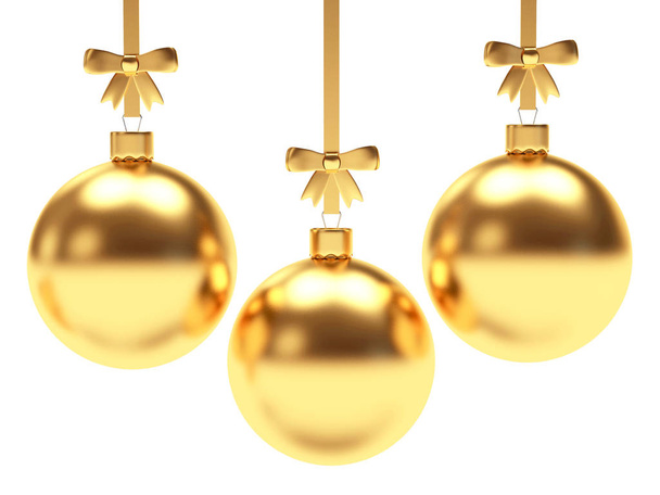 Conjunto de bolas de Navidad doradas con cintas y lazos en blanco
  - Foto, Imagen