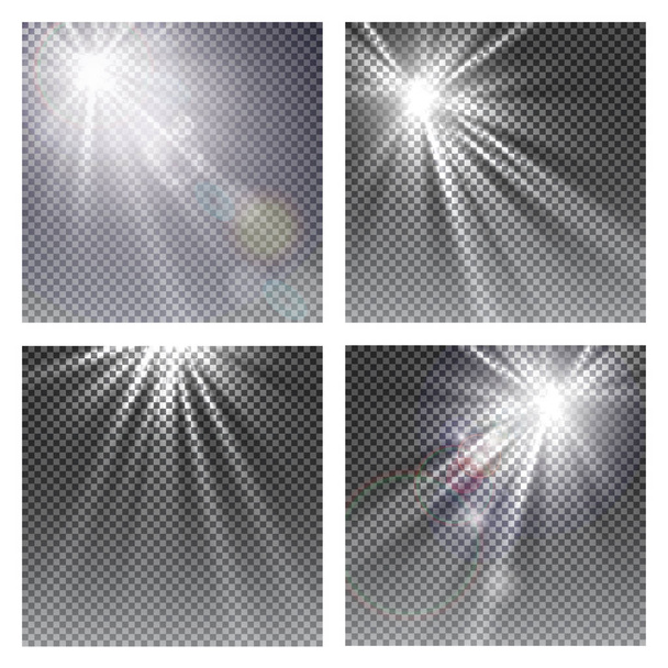 Vektor transparentní sluneční světlo speciální čočky odlesk světelný efekt. Slunce flash s paprsky a reflektor na pestrou pozadí - Vektor, obrázek