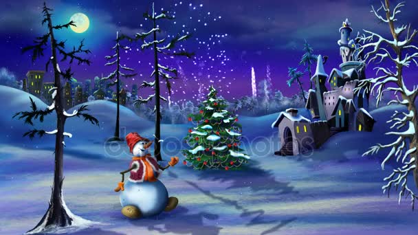 Χιονάνθρωπος και χριστουγεννιάτικο δέντρο το νέο έτος γιορτή - Πλάνα, βίντεο