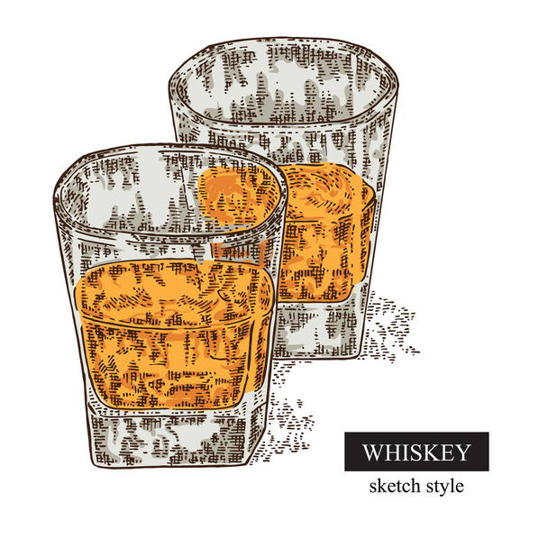 Whiskey drink. Hand drawn two glasses of whiskey. Vector - Vector, Image
