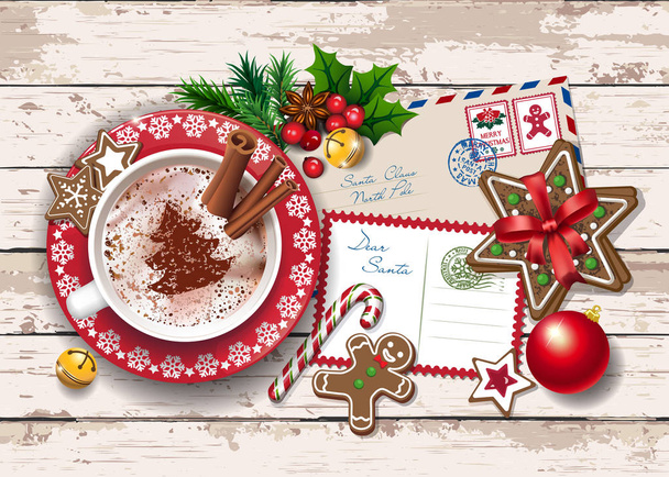 Weihnachtskarte mit Brief an den Weihnachtsmann, Lichtern und großer Tasse heißer Schokolade. hölzerner Hintergrund - Vektor, Bild