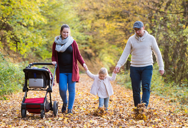 Beautiful young family on a walk in autumn forest. - Photo, image
