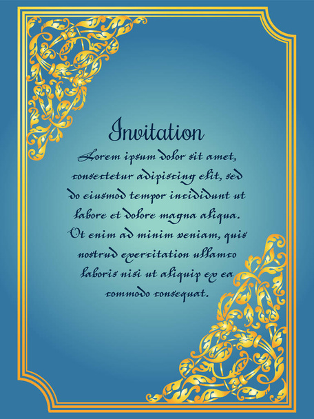 Gouden sier kaart met antieke luxe blauw en vintage frame, Victoriaanse banner, barokke stijl boekje, mode patroon, sjabloon voor ontwerp - Vector, afbeelding