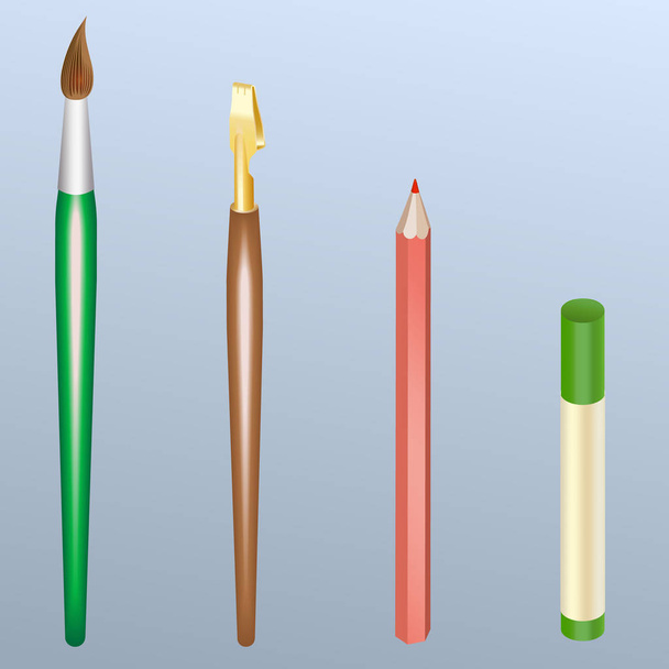 Set borstel, platte kalligrafie pen, potlood en pastel stok - Vector, afbeelding
