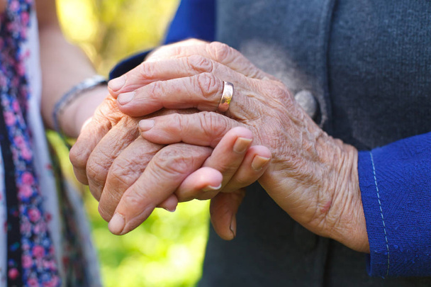 Imagen de cerca de una mujer mayor sosteniendo las manos de su nieta
 - Foto, Imagen