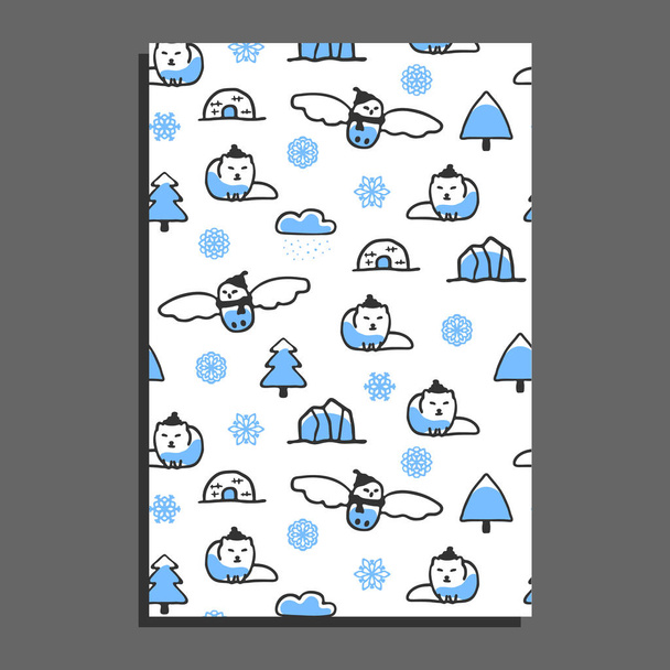 Πρότυπο ευχετήριας κάρτας με χαριτωμένο cartoon χιονισμένο κουκουβάγια - Διάνυσμα, εικόνα
