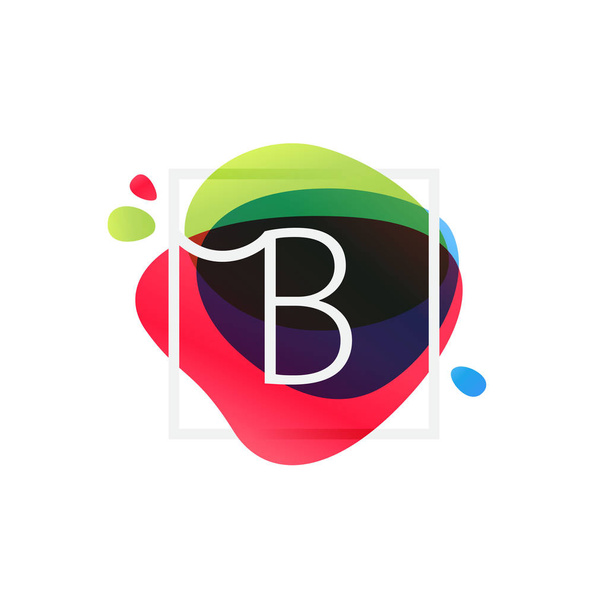 B-Buchstabe-Logo in quadratischem Rahmen auf mehrfarbigem Spritzhintergrund.  - Vektor, Bild