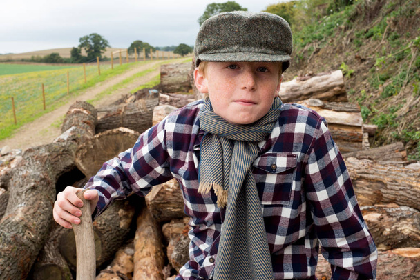 Chłopiec przed stos drewna opałowego - Zdjęcie, obraz