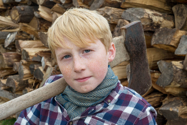 Хлопчик перед купою дров
 - Фото, зображення