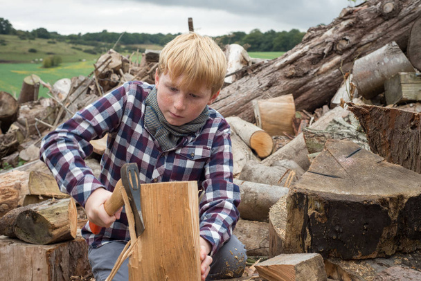 Boy Cutting a Chunk of Firewood with an Axe - Foto, immagini