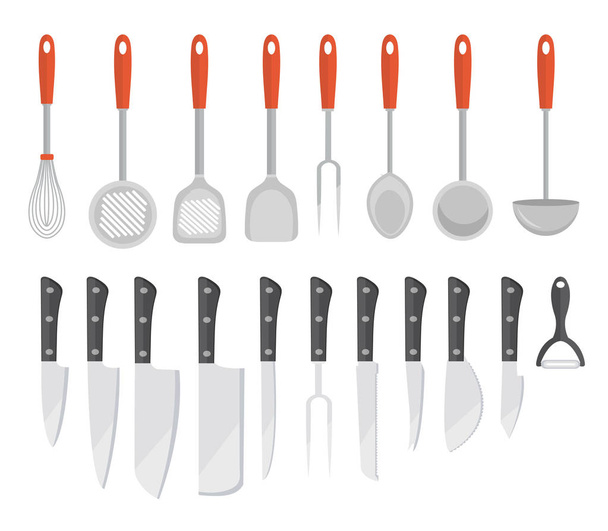 Set outils de cuisine, style plat. Set ustensiles de cuisine, icônes isolées sur fond blanc. Ensemble d'outils pour élément de conception de cuisine. Illustration vectorielle
 - Vecteur, image
