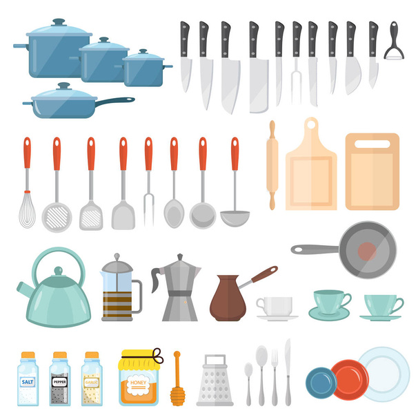 Kookwaren set van iconen, vlakke stijl. Keukengerei set hoge geïsoleerd op witte achtergrond. Koken gereedschap en keukengerei-apparatuur. Keukengerei, borden, bestek. Vectorillustratie; - Vector, afbeelding