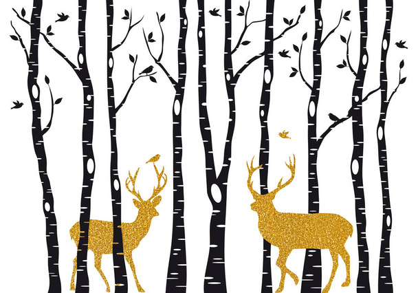 Birch trees with gold Christmas reindeer, vector - Vector, Image