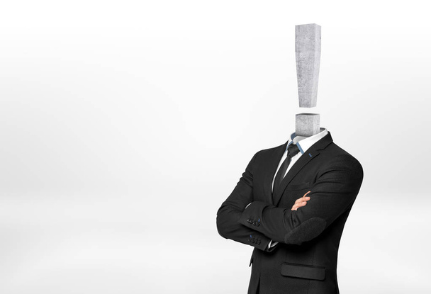 Businessman with concrete exclamation mark instead of his head - Foto, Imagem
