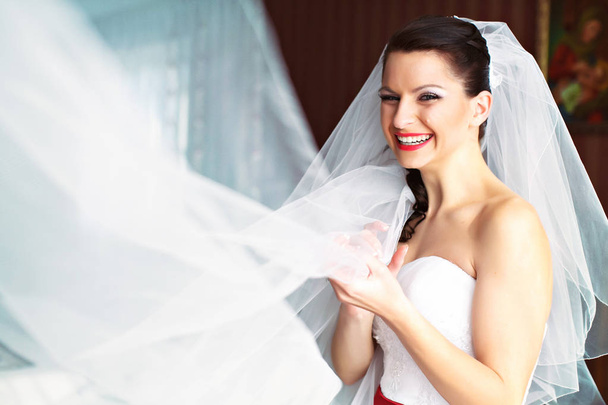 Bride shines catching her veil - Zdjęcie, obraz