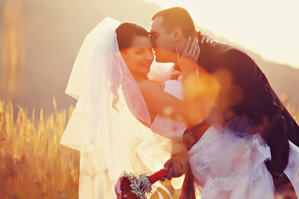 Bride holds groom's neck while he kisses her in the rays of suns - Фото, зображення