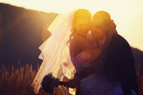The silhouettes of newlyweds standing on the field in the sunny  - Foto, Bild