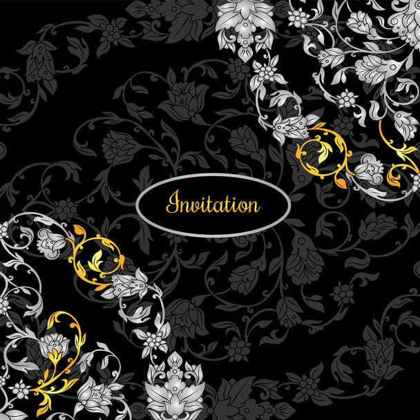 Blumengeschmückte Einladungskarte mit antiken, luxuriösen silbernen und goldenen Vintage-Ornamenten auf schwarzem Hintergrund, viktorianischem Banner, Damast-Barock-Booklet, Modemuster, Design-Vorlage - Vektor, Bild