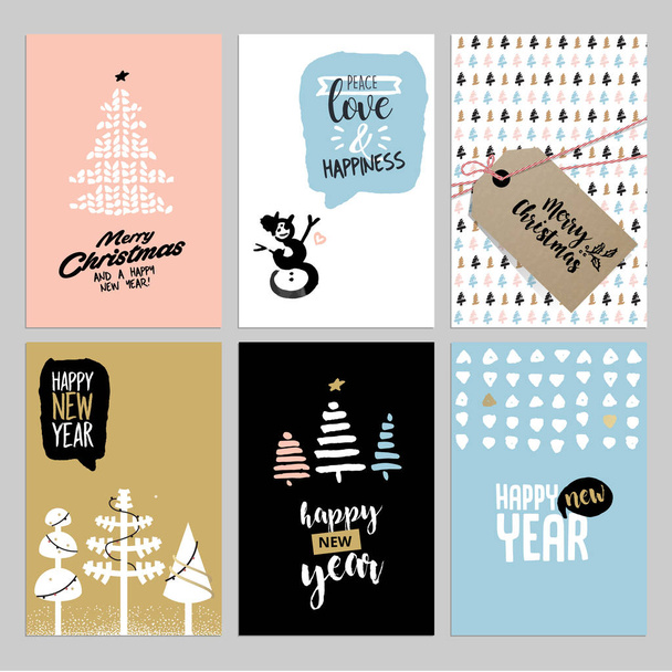 Christmas and New Year vintage greeting cards set - Vector, Image