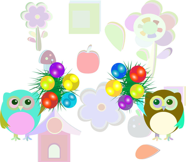 owl family with christmas balls and fir - new year concept - Φωτογραφία, εικόνα
